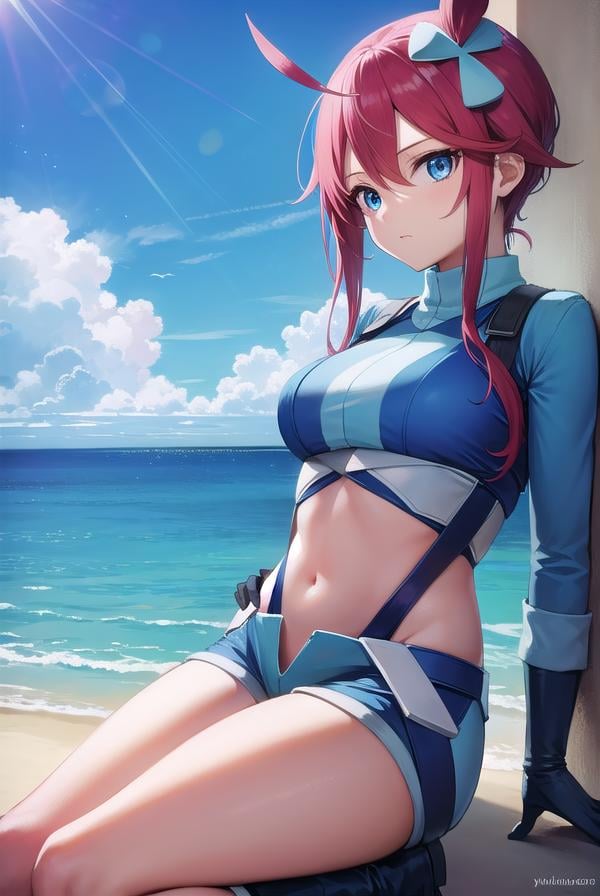 pokemonskyla, <lora:pokemonskyla-lora-nochekaiser:1>,pokemonskyla, blue eyes, hair ornament, one side up, red hair, short hair with long locks, sidelocks,BREAK blue footwear, blue gloves, blue jacket, blue shorts, boots, crop top, cropped jacket, gloves, jacket, midriff, navel, short shorts, shorts, thigh pouch,BREAK looking at viewer, upper body, full body,BREAK outdoors, city, sky, sun,BREAK <lyco:GoodHands-beta2:1>, (masterpiece:1.2), best quality, high resolution, unity 8k wallpaper, (illustration:0.8), (beautiful detailed eyes:1.6), extremely detailed face, perfect lighting, extremely detailed CG, (perfect hands, perfect anatomy), 