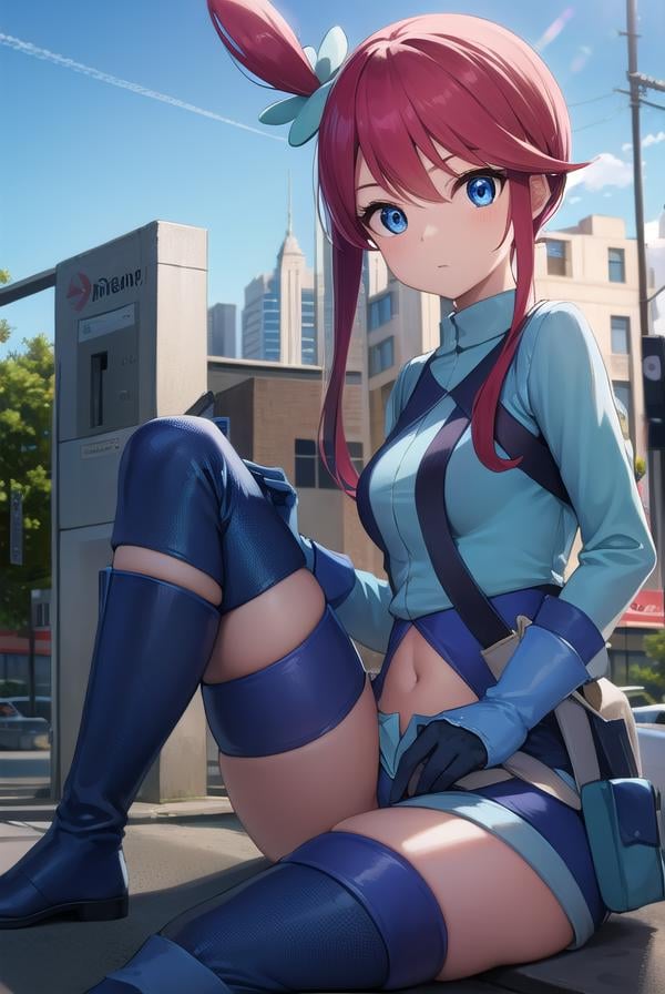 pokemonskyla, <lora:pokemonskyla-lora-nochekaiser:1>,pokemonskyla, blue eyes, hair ornament, one side up, red hair, short hair with long locks, sidelocks,BREAK blue footwear, blue gloves, blue jacket, blue shorts, boots, crop top, cropped jacket, gloves, jacket, midriff, navel, short shorts, shorts, thigh pouch,BREAK looking at viewer, upper body, full body,BREAK outdoors, city, sky, sun,BREAK <lyco:GoodHands-beta2:1>, (masterpiece:1.2), best quality, high resolution, unity 8k wallpaper, (illustration:0.8), (beautiful detailed eyes:1.6), extremely detailed face, perfect lighting, extremely detailed CG, (perfect hands, perfect anatomy), 