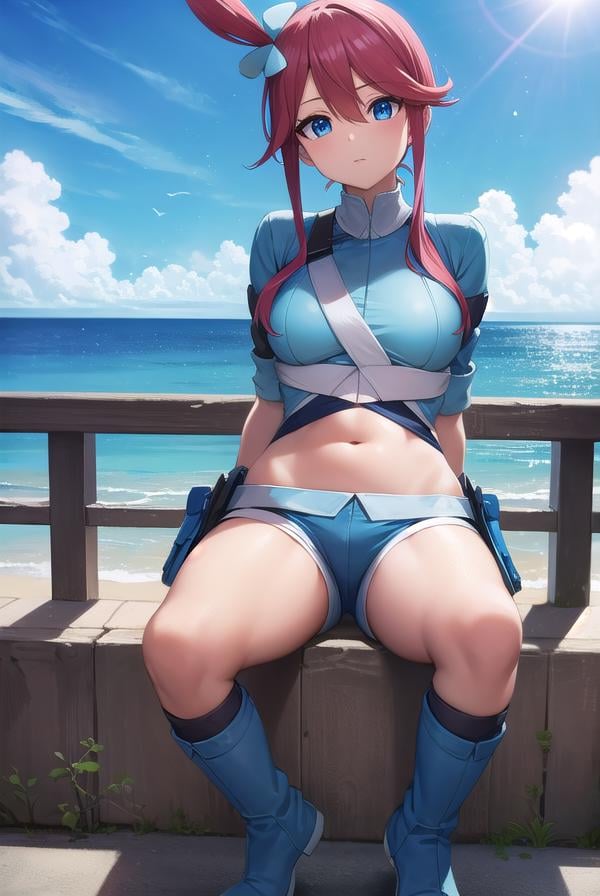 pokemonskyla, <lora:pokemonskyla-lora-nochekaiser:1>,pokemonskyla, blue eyes, hair ornament, one side up, red hair, short hair with long locks, sidelocks,BREAK blue footwear, blue gloves, blue jacket, blue shorts, boots, crop top, cropped jacket, gloves, jacket, midriff, navel, short shorts, shorts, thigh pouch,BREAK looking at viewer, upper body, full body,BREAK outdoors, city, sky, sun,BREAK <lyco:GoodHands-beta2:1>, (masterpiece:1.2), best quality, high resolution, unity 8k wallpaper, (illustration:0.8), (beautiful detailed eyes:1.6), extremely detailed face, perfect lighting, extremely detailed CG, (perfect hands, perfect anatomy), 