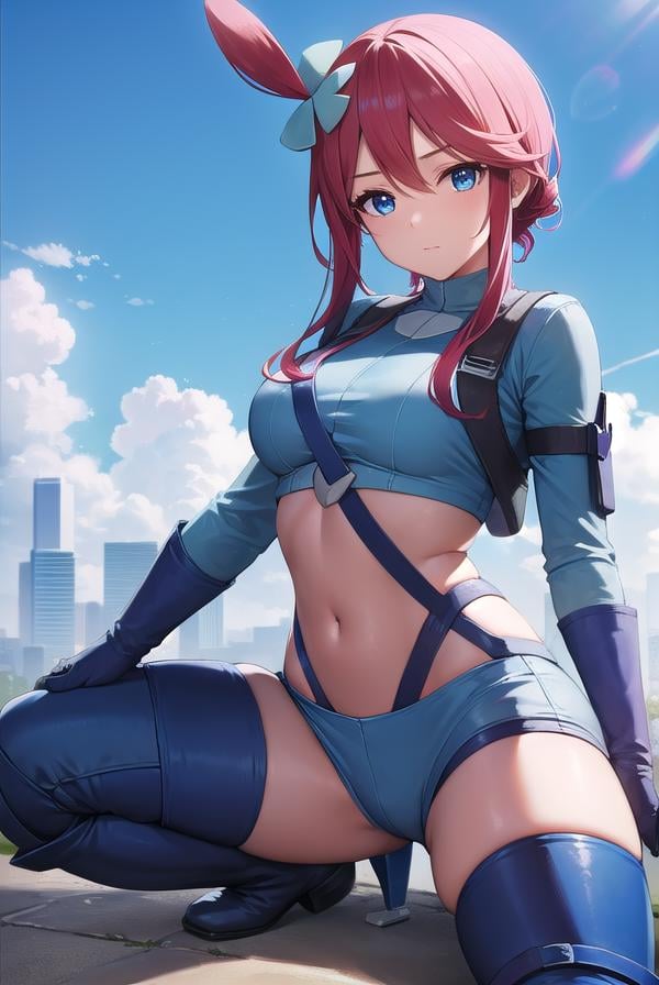 pokemonskyla, <lora:pokemonskyla-lora-nochekaiser:1>,pokemonskyla, blue eyes, hair ornament, one side up, red hair, short hair with long locks, sidelocks,BREAK blue footwear, blue gloves, blue jacket, blue shorts, boots, crop top, cropped jacket, gloves, jacket, midriff, navel, short shorts, shorts, thigh pouch,BREAK looking at viewer, upper body, full body,BREAK outdoors, city, sky, sun,BREAK <lyco:GoodHands-beta2:1>, (masterpiece:1.2), best quality, high resolution, unity 8k wallpaper, (illustration:0.8), (beautiful detailed eyes:1.6), extremely detailed face, perfect lighting, extremely detailed CG, (perfect hands, perfect anatomy), 