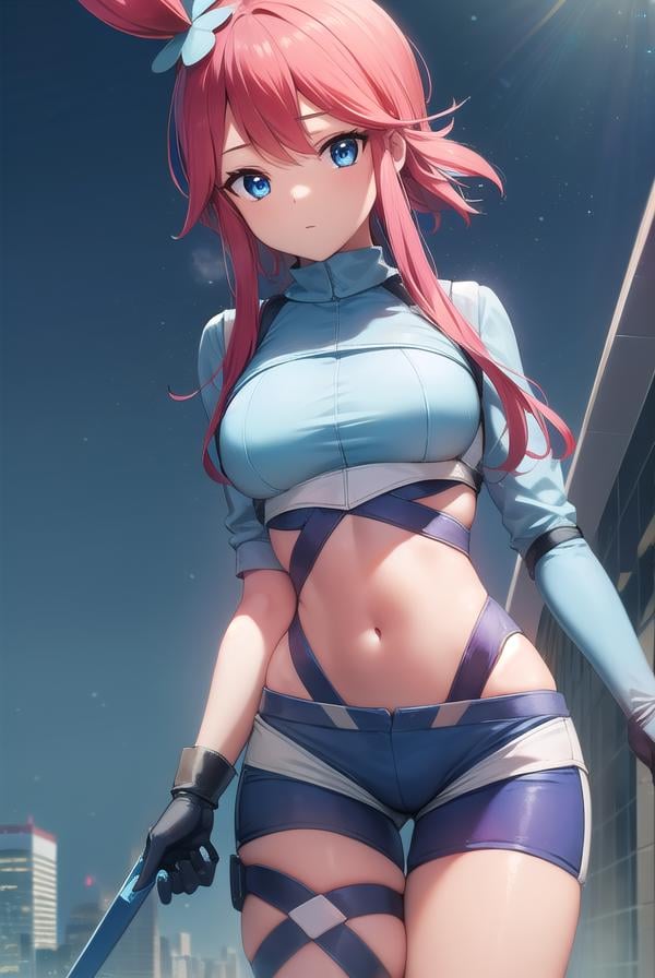 pokemonskyla, <lora:pokemonskyla-lora-nochekaiser:1>,pokemonskyla, blue eyes, hair ornament, one side up, red hair, short hair with long locks, sidelocks,BREAK blue footwear, blue gloves, blue jacket, blue shorts, boots, crop top, cropped jacket, gloves, jacket, midriff, navel, short shorts, shorts, thigh pouch,BREAK looking at viewer, upper body, full body,BREAK outdoors, city, sky, sun,BREAK <lyco:GoodHands-beta2:1>, (masterpiece:1.2), best quality, high resolution, unity 8k wallpaper, (illustration:0.8), (beautiful detailed eyes:1.6), extremely detailed face, perfect lighting, extremely detailed CG, (perfect hands, perfect anatomy), 