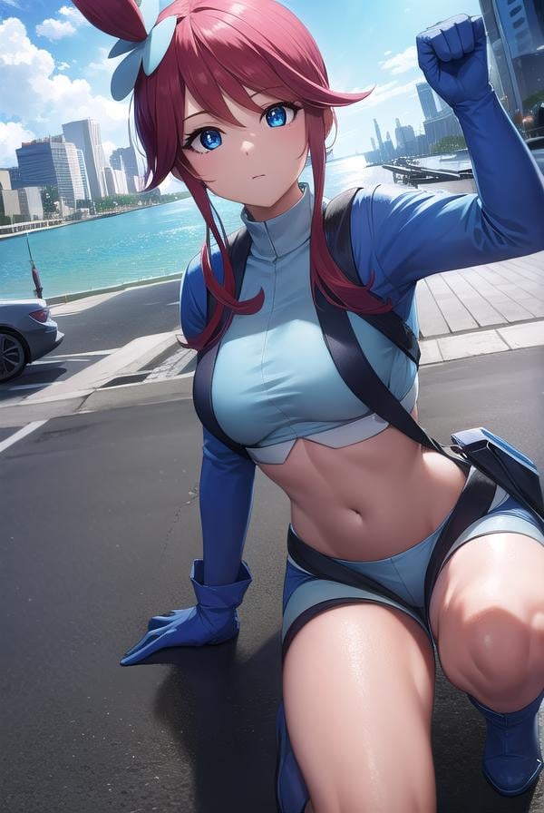 pokemonskyla, <lora:pokemonskyla-lora-nochekaiser:1>,pokemonskyla, blue eyes, hair ornament, one side up, red hair, short hair with long locks, sidelocks,BREAK blue footwear, blue gloves, blue jacket, blue shorts, boots, crop top, cropped jacket, gloves, jacket, midriff, navel, short shorts, shorts, thigh pouch,BREAK looking at viewer, upper body, full body,BREAK outdoors, city, sky, sun,BREAK <lyco:GoodHands-beta2:1>, (masterpiece:1.2), best quality, high resolution, unity 8k wallpaper, (illustration:0.8), (beautiful detailed eyes:1.6), extremely detailed face, perfect lighting, extremely detailed CG, (perfect hands, perfect anatomy), 