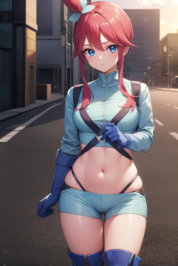 pokemonskyla, <lora:pokemonskyla-lora-nochekaiser:1>,pokemonskyla, blue eyes, hair ornament, one side up, red hair, short hair with long locks, sidelocks,BREAK blue footwear, blue gloves, blue jacket, blue shorts, boots, crop top, cropped jacket, gloves, jacket, midriff, navel, short shorts, shorts, thigh pouch,BREAK looking at viewer, upper body, full body,BREAK outdoors, city, sky, sun,BREAK <lyco:GoodHands-beta2:1>, (masterpiece:1.2), best quality, high resolution, unity 8k wallpaper, (illustration:0.8), (beautiful detailed eyes:1.6), extremely detailed face, perfect lighting, extremely detailed CG, (perfect hands, perfect anatomy), 