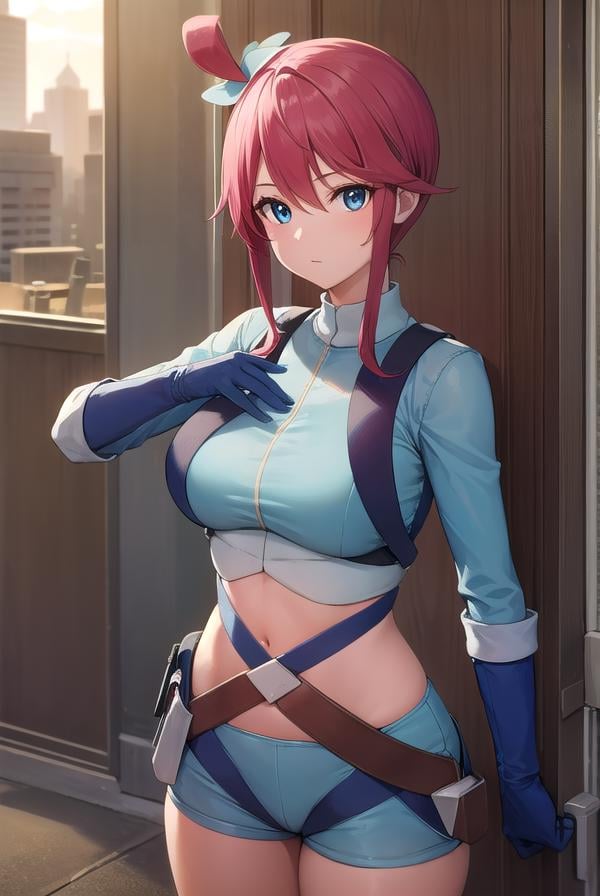 pokemonskyla, <lora:pokemonskyla-lora-nochekaiser:1>,pokemonskyla, blue eyes, hair ornament, one side up, red hair, short hair with long locks, sidelocks,BREAK blue footwear, blue gloves, blue jacket, blue shorts, boots, crop top, cropped jacket, gloves, jacket, midriff, navel, short shorts, shorts, thigh pouch,BREAK looking at viewer, upper body, full body,BREAK outdoors, city, sky, sun,BREAK <lyco:GoodHands-beta2:1>, (masterpiece:1.2), best quality, high resolution, unity 8k wallpaper, (illustration:0.8), (beautiful detailed eyes:1.6), extremely detailed face, perfect lighting, extremely detailed CG, (perfect hands, perfect anatomy), 