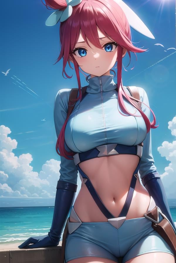 pokemonskyla, <lora:pokemonskyla-lora-nochekaiser:1>,pokemonskyla, blue eyes, hair ornament, one side up, red hair, short hair with long locks, sidelocks,BREAK blue footwear, blue gloves, blue jacket, blue shorts, boots, crop top, cropped jacket, gloves, jacket, midriff, navel, short shorts, shorts, thigh pouch,BREAK looking at viewer, upper body, full body,BREAK outdoors, city, sky, sun,BREAK <lyco:GoodHands-beta2:1>, (masterpiece:1.2), best quality, high resolution, unity 8k wallpaper, (illustration:0.8), (beautiful detailed eyes:1.6), extremely detailed face, perfect lighting, extremely detailed CG, (perfect hands, perfect anatomy), 