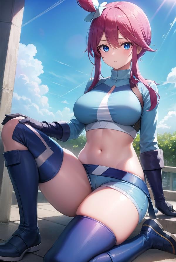 pokemonskyla, <lora:pokemonskyla-lora-nochekaiser:1>,pokemonskyla, blue eyes, hair ornament, one side up, red hair, short hair with long locks, sidelocks,BREAK blue footwear, blue gloves, blue jacket, blue shorts, boots, crop top, cropped jacket, gloves, jacket, midriff, navel, short shorts, shorts, thigh pouch,BREAK looking at viewer, upper body, full body,BREAK outdoors, city, sky, sun,BREAK <lyco:GoodHands-beta2:1>, (masterpiece:1.2), best quality, high resolution, unity 8k wallpaper, (illustration:0.8), (beautiful detailed eyes:1.6), extremely detailed face, perfect lighting, extremely detailed CG, (perfect hands, perfect anatomy), 