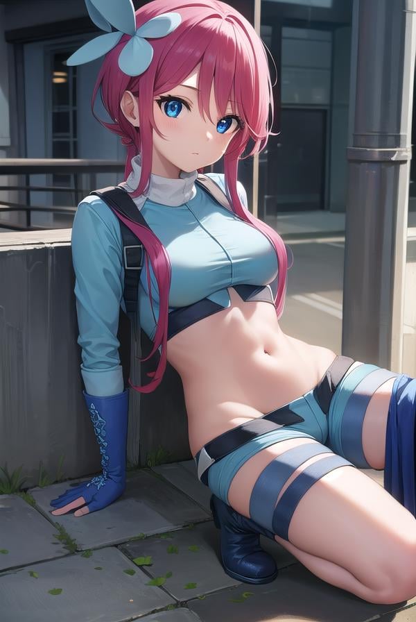 pokemonskyla, <lora:pokemonskyla-lora-nochekaiser:1>,pokemonskyla, blue eyes, hair ornament, one side up, red hair, short hair with long locks, sidelocks,BREAK blue footwear, blue gloves, blue jacket, blue shorts, boots, crop top, cropped jacket, gloves, jacket, midriff, navel, short shorts, shorts, thigh pouch,BREAK looking at viewer, upper body, full body,BREAK outdoors, city, sky, sun,BREAK <lyco:GoodHands-beta2:1>, (masterpiece:1.2), best quality, high resolution, unity 8k wallpaper, (illustration:0.8), (beautiful detailed eyes:1.6), extremely detailed face, perfect lighting, extremely detailed CG, (perfect hands, perfect anatomy), 