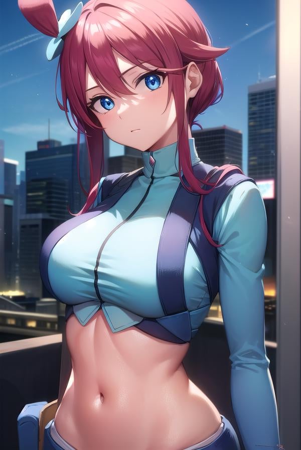 pokemonskyla, <lora:pokemonskyla-lora-nochekaiser:1>,pokemonskyla, blue eyes, hair ornament, one side up, red hair, short hair with long locks, sidelocks,BREAK blue footwear, blue gloves, blue jacket, blue shorts, boots, crop top, cropped jacket, gloves, jacket, midriff, navel, short shorts, shorts, thigh pouch,BREAK looking at viewer, upper body, full body,BREAK outdoors, city, sky, sun,BREAK <lyco:GoodHands-beta2:1>, (masterpiece:1.2), best quality, high resolution, unity 8k wallpaper, (illustration:0.8), (beautiful detailed eyes:1.6), extremely detailed face, perfect lighting, extremely detailed CG, (perfect hands, perfect anatomy), 