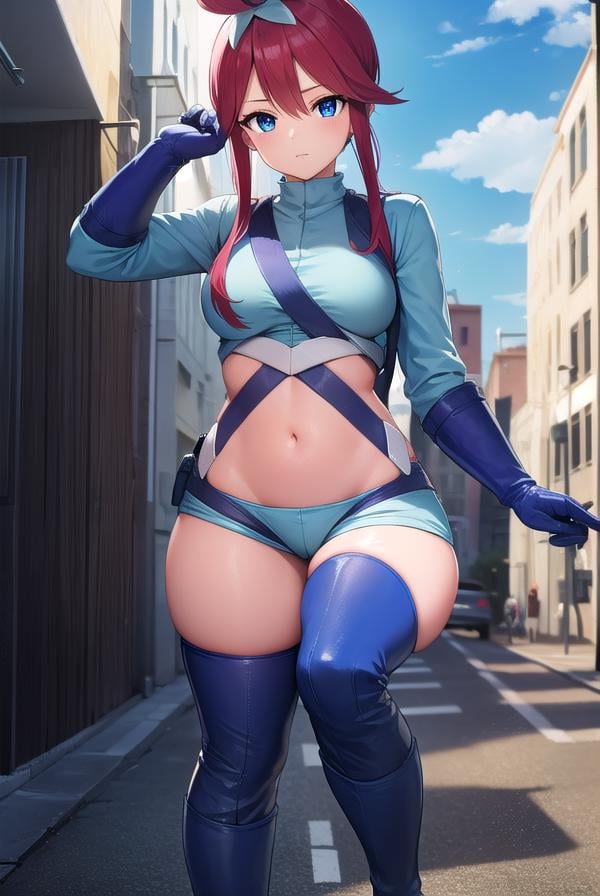 pokemonskyla, <lora:pokemonskyla-lora-nochekaiser:1>,pokemonskyla, blue eyes, hair ornament, one side up, red hair, short hair with long locks, sidelocks,BREAK blue footwear, blue gloves, blue jacket, blue shorts, boots, crop top, cropped jacket, gloves, jacket, midriff, navel, short shorts, shorts, thigh pouch,BREAK looking at viewer, upper body, full body,BREAK outdoors, city, sky, sun,BREAK <lyco:GoodHands-beta2:1>, (masterpiece:1.2), best quality, high resolution, unity 8k wallpaper, (illustration:0.8), (beautiful detailed eyes:1.6), extremely detailed face, perfect lighting, extremely detailed CG, (perfect hands, perfect anatomy), 