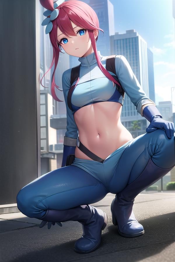 pokemonskyla, <lora:pokemonskyla-lora-nochekaiser:1>,pokemonskyla, blue eyes, hair ornament, one side up, red hair, short hair with long locks, sidelocks,BREAK blue footwear, blue gloves, blue jacket, blue shorts, boots, crop top, cropped jacket, gloves, jacket, midriff, navel, short shorts, shorts, thigh pouch,BREAK looking at viewer, upper body, full body,BREAK outdoors, city, sky, sun,BREAK <lyco:GoodHands-beta2:1>, (masterpiece:1.2), best quality, high resolution, unity 8k wallpaper, (illustration:0.8), (beautiful detailed eyes:1.6), extremely detailed face, perfect lighting, extremely detailed CG, (perfect hands, perfect anatomy), 