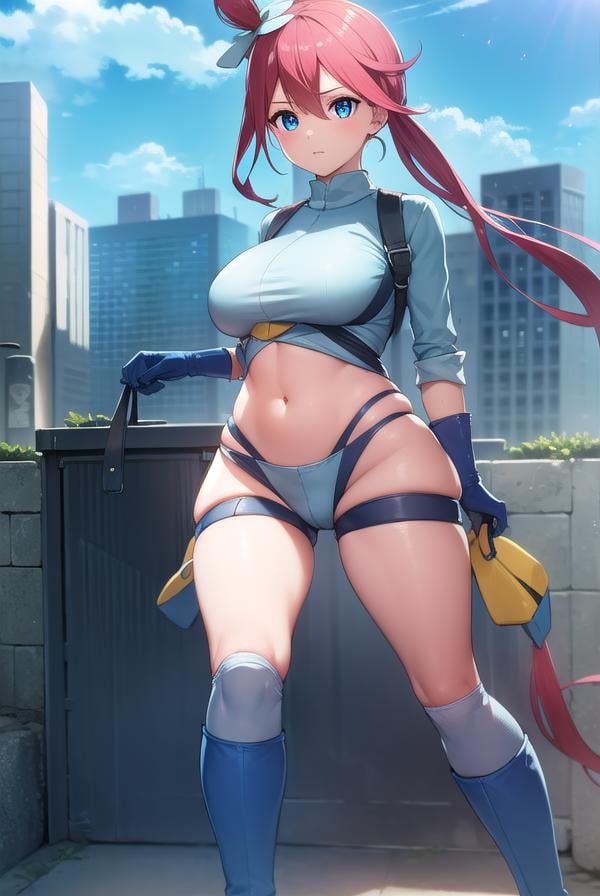 pokemonskyla, <lora:pokemonskyla-lora-nochekaiser:1>,pokemonskyla, blue eyes, hair ornament, one side up, red hair, short hair with long locks, sidelocks,BREAK blue footwear, blue gloves, blue jacket, blue shorts, boots, crop top, cropped jacket, gloves, jacket, midriff, navel, short shorts, shorts, thigh pouch,BREAK looking at viewer, upper body, full body,BREAK outdoors, city, sky, sun,BREAK <lyco:GoodHands-beta2:1>, (masterpiece:1.2), best quality, high resolution, unity 8k wallpaper, (illustration:0.8), (beautiful detailed eyes:1.6), extremely detailed face, perfect lighting, extremely detailed CG, (perfect hands, perfect anatomy), 