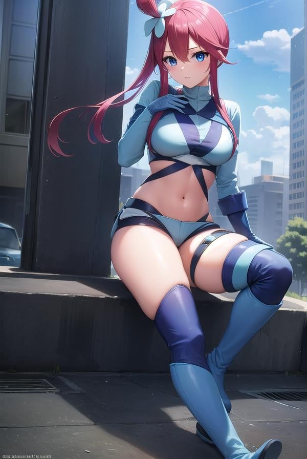 pokemonskyla, <lora:pokemonskyla-lora-nochekaiser:1>,pokemonskyla, blue eyes, hair ornament, one side up, red hair, short hair with long locks, sidelocks,BREAK blue footwear, blue gloves, blue jacket, blue shorts, boots, crop top, cropped jacket, gloves, jacket, midriff, navel, short shorts, shorts, thigh pouch,BREAK looking at viewer, upper body, full body,BREAK outdoors, city, sky, sun,BREAK <lyco:GoodHands-beta2:1>, (masterpiece:1.2), best quality, high resolution, unity 8k wallpaper, (illustration:0.8), (beautiful detailed eyes:1.6), extremely detailed face, perfect lighting, extremely detailed CG, (perfect hands, perfect anatomy), 