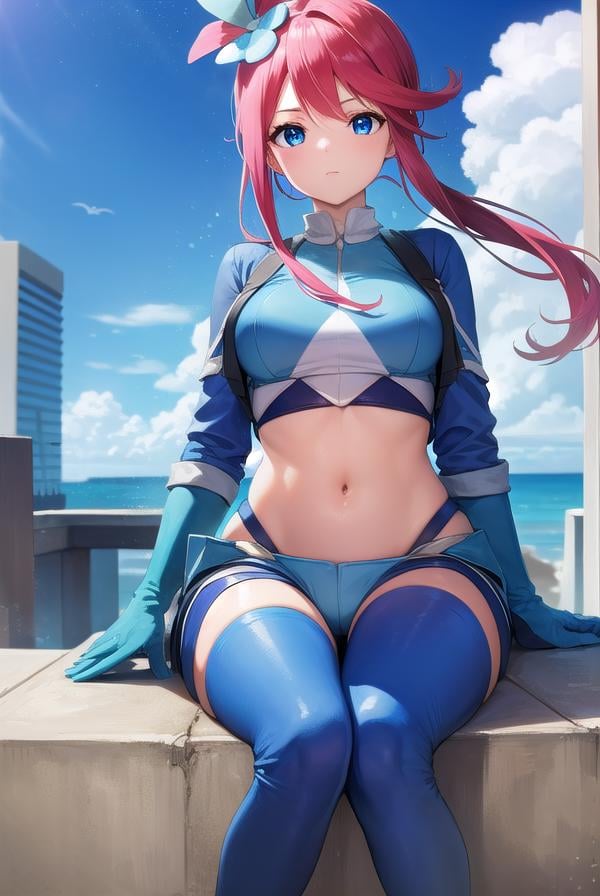 pokemonskyla, <lora:pokemonskyla-lora-nochekaiser:1>,pokemonskyla, blue eyes, hair ornament, one side up, red hair, short hair with long locks, sidelocks,BREAK blue footwear, blue gloves, blue jacket, blue shorts, boots, crop top, cropped jacket, gloves, jacket, midriff, navel, short shorts, shorts, thigh pouch,BREAK looking at viewer, upper body, full body,BREAK outdoors, city, sky, sun,BREAK <lyco:GoodHands-beta2:1>, (masterpiece:1.2), best quality, high resolution, unity 8k wallpaper, (illustration:0.8), (beautiful detailed eyes:1.6), extremely detailed face, perfect lighting, extremely detailed CG, (perfect hands, perfect anatomy), 