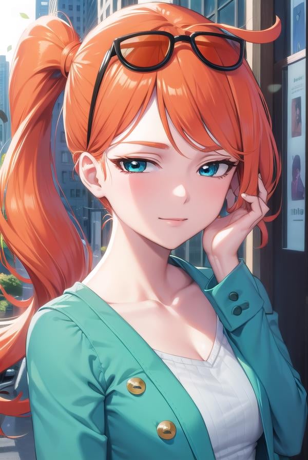 pokemonsonia, <lora:pokemonsonia-lora-nochekaiser:1>,pokemonsonia, aqua eyes, heart, heart hair ornament, long hair, long sleeves, orange hair, side ponytail, swept bangs, <lora:sensualface_type2:1>, smile,BREAK aqua footwear, aqua nails, aqua shirt, brown coat, brown jacket, coat, collarbone, eyewear on head, jacket, long sleeves, orange-tinted eyewear, pants, ribbed shirt, shirt, sunglasses, tinted eyewear,BREAK looking at viewer, (upper body:1.2),BREAK outdoors, city, sky, sun,BREAK <lyco:GoodHands-beta2:1>, (masterpiece:1.2), best quality, high resolution, unity 8k wallpaper, (illustration:0.8), (beautiful detailed eyes:1.6), extremely detailed face, perfect lighting, extremely detailed CG, (perfect hands, perfect anatomy),