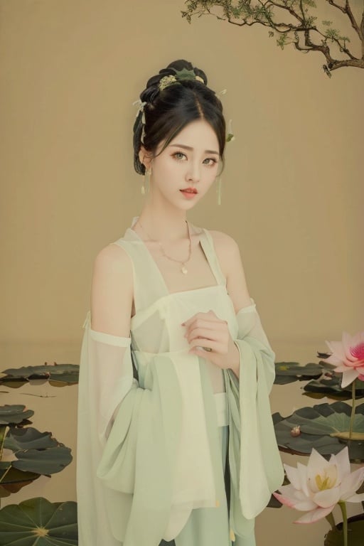 fine art parody,best quality,masterpiece,realistic,,HDR,UHD,gf_xy,1girl,chinese clothes,hanfu,lotus,flower,jewelry,double bun,hair bun,lily pad,solo,earrings,necklace,hair ornament,upper body,dress,green dress,looking at viewer,