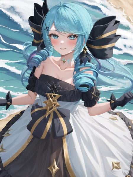 beach, 1girl, absurdres, black bow, black gloves, black legwear, blue eyes, blue hair, bow, collarbone, dress, drill hair, frilled dress, frills, gloves, gwen \(league of legends\), hair ornament, highres, league of legends, long hair, parted lips, puffy sleeves, pink pupils, smile, solo, white dress, x, x hair ornament