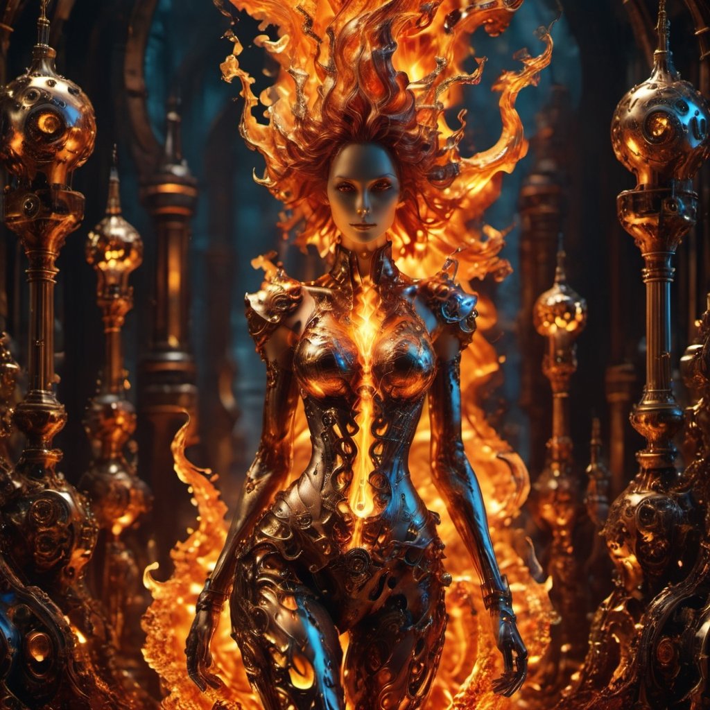 Hi my name is Wendy I am a detailed molten fire Elemental, I am walking through a Fantasy city trying to look normal, the only problem is I am a detailed molten fire Elematal and I don't look normal,steampunk style,detailmaster2,Skull Head,steampunk,FilmGirl,Molten