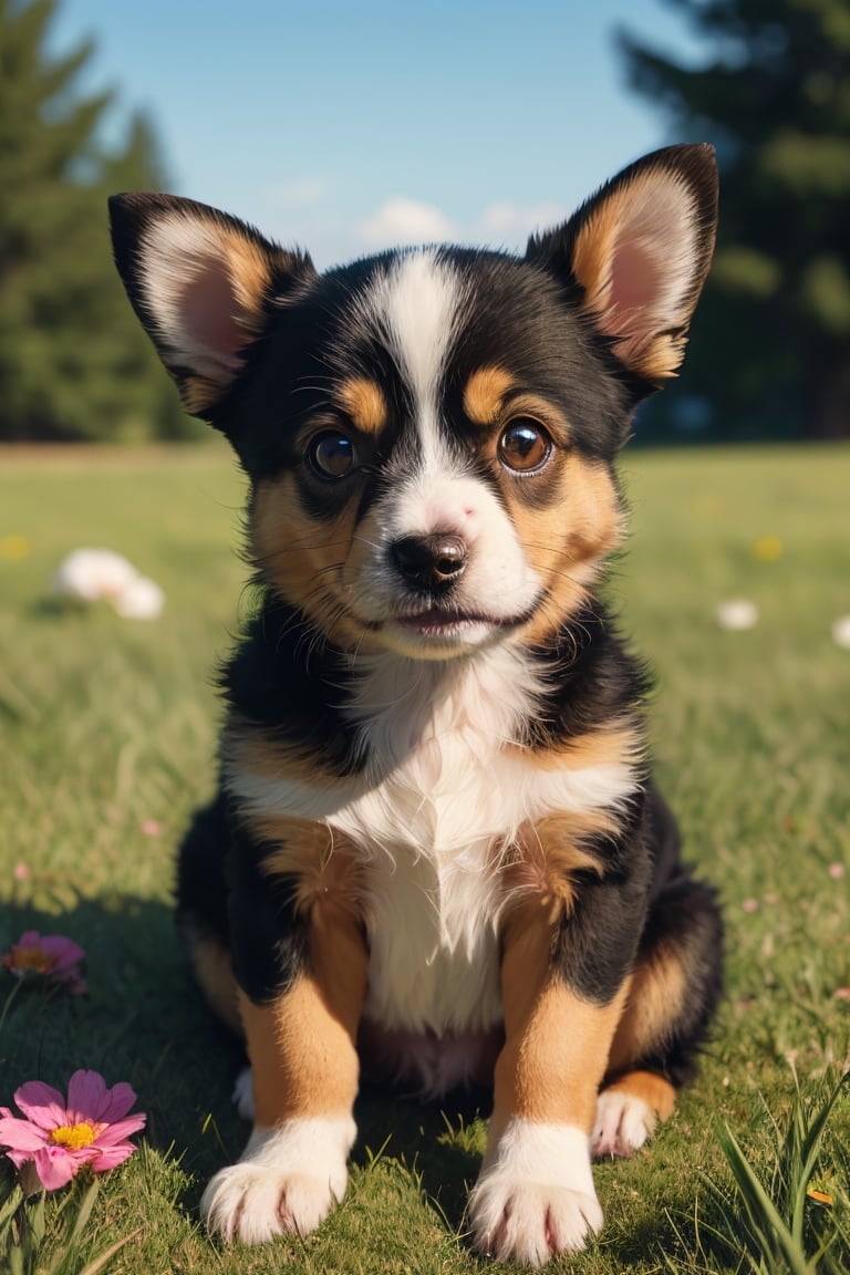 (best quality, 4k, 8k, highres, masterpiece:1.2), ultra-detailed, (realistic, photorealistic, photo-realistic:1.37), dog, pet, adorable, cute, lively, friendly, playful, doggy eyes, fluffy fur, happy expression, small size, curled tail, pointy ears, puppy, paws, snout, puppy breath, chubby cheeks, wagging tail, soft nose, puppy love, warm-hearted, loyal companion, joyful, fun-loving, running in the meadow, grass, beautiful sunny day, family pet, symbol of happiness, portrait style, vivid colors, shades of brown, bokeh lighting