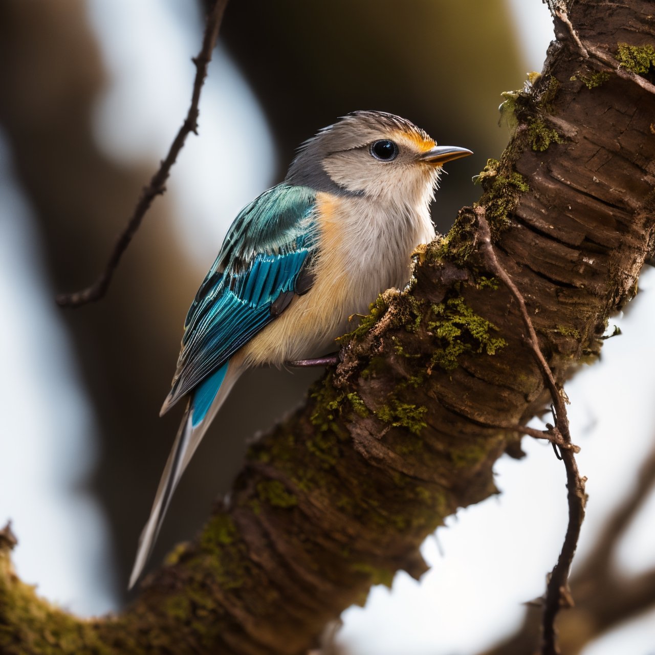 (best quality, 8K, ultra-detailed, masterpiece), (macro photography, close-up shot), Capture the beauty of nature in an 8K masterpiece. Focus on a mesmerizing close-up shot of a bird perched delicately on a tree branch. Use the magic of macro photography to reveal intricate details in the bird's feathers, its eyes, and the texture of the branch. This image should transport the viewer into the world of the tiny, creating a stunning and ultra-detailed portrayal of this delicate moment in nature.