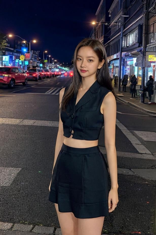 Fujifilm XT3, 8k, close up photo, masterpiece, best quality, (((1girl))), solo, realistic, ((looking at viewer)), photorealistic, (extremely detailed face), looking at viewer, ((ultra-detailed eyes and pupils)), ultra detailed, smile, dress, (standing against a street at night), (night:1.5), business suit, ((navel)), <lora:hyerilorashy:1>