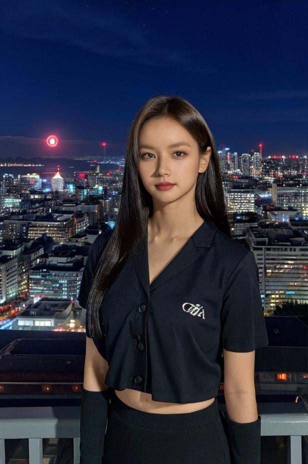 Fujifilm XT3, 8k, close up photo, masterpiece, best quality, (((1girl))), solo, realistic, ((looking at viewer)), photorealistic, (extremely detailed face), looking at viewer, ((ultra-detailed eyes and pupils)), ultra detailed, smile, cropped top, shirts, (standing against a city skyline at night), (night:1.5), business suit, ((navel)), <lora:hyerilorashy:1>