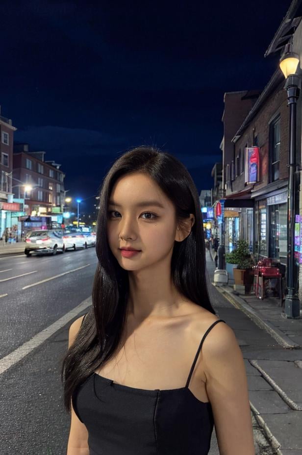 Fujifilm XT3, 8k, close up photo, masterpiece, best quality, (((1girl))), solo, realistic, ((looking at viewer)), photorealistic, (extremely detailed face), looking at viewer, ((ultra-detailed eyes and pupils)), ultra detailed, smile, dress, (standing against a street at night), (night:1.5), <lora:hyerilorashy:1>