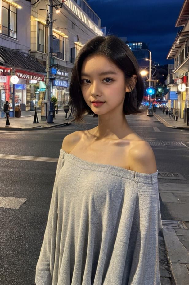 Fujifilm XT3, 8k, close up photo, masterpiece, best quality, (((1girl))), solo, realistic, ((looking at viewer)), photorealistic, (extremely detailed face), looking at viewer, ((ultra-detailed eyes and pupils)), ultra detailed, smile, short hair, dress, (standing against a street at night), (night:1.5), <lora:hyerilorashy:1>