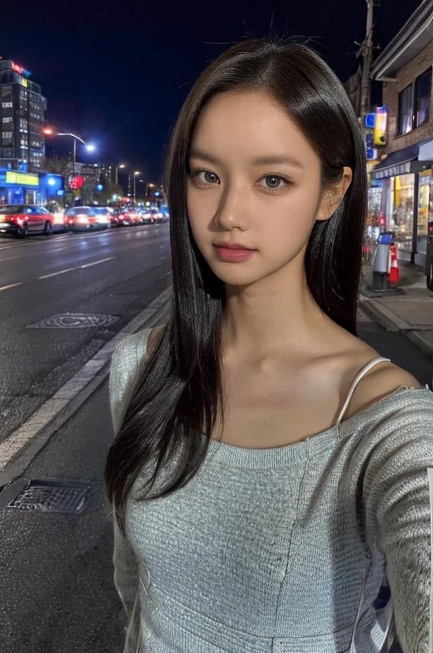 Fujifilm XT3, 8k, close up photo, masterpiece, best quality, (((1girl))), solo, realistic, ((looking at viewer)), photorealistic, (extremely detailed face), looking at viewer, ((ultra-detailed eyes and pupils)), ultra detailed, smile, dress, (standing against a street at night), (night:1.5), <lora:hyerilorashy:1>