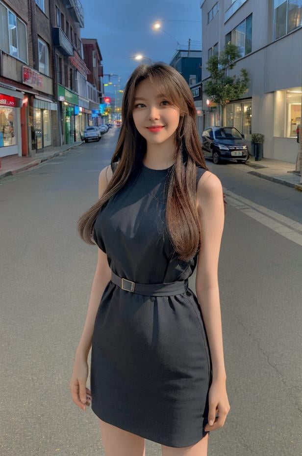 Fujifilm XT3, 8k, close up photo, masterpiece, best quality, (((1girl))), solo, realistic, ((looking at viewer)), photorealistic, (extremely detailed face), looking at viewer, ((ultra-detailed eyes and pupils)), ultra detailed, smile, long hair, tight dress, (standing against a street at night), <lora:minahlorashy:0.85>