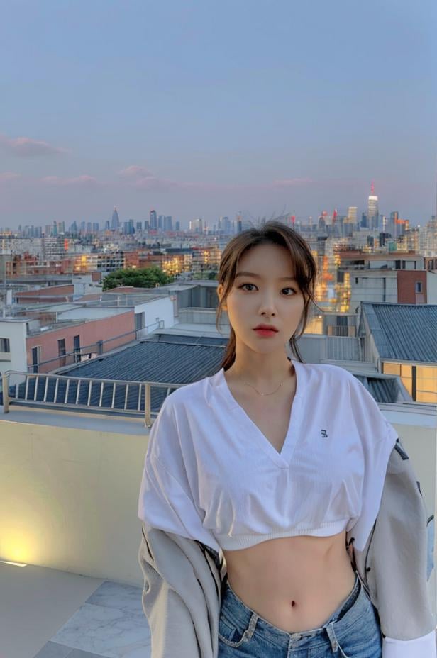 Fujifilm XT3, 8k,close up photo, masterpiece, best quality, (((1girl))), solo,realistic, ((looking at viewer)), photorealistic, (extremely detailed face), looking at viewer, ((ultra-detailed eyes and pupils)), ultra detailed, serious expression, cropped top,shirts, (standing against a city skyline at night), (night:1.5), (rooftop), ((navel)), <lora:minahlorashy:1>