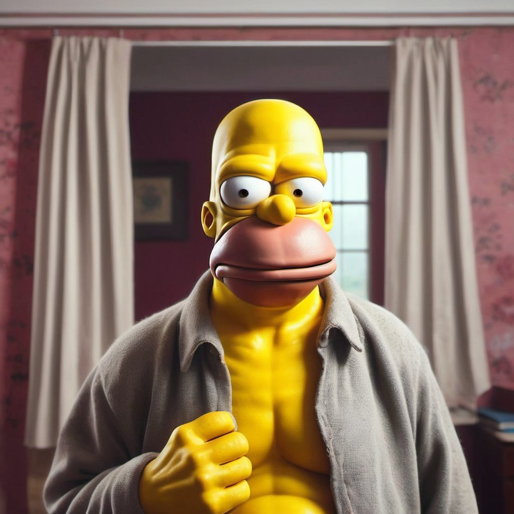 epic Digital art, (epic portrait of homer:1.1) , wearing Granite Shrug, Standing with hand on hip, Mundane dark red and dark yellow hair, inside of a Sakura Farmhouse, Foggy, split diopter, Graphic novel, Tranquil, Gloomcore, key light, Dichromatic, moody, overlapping compositions, <lora:dalle-000007:0.79>