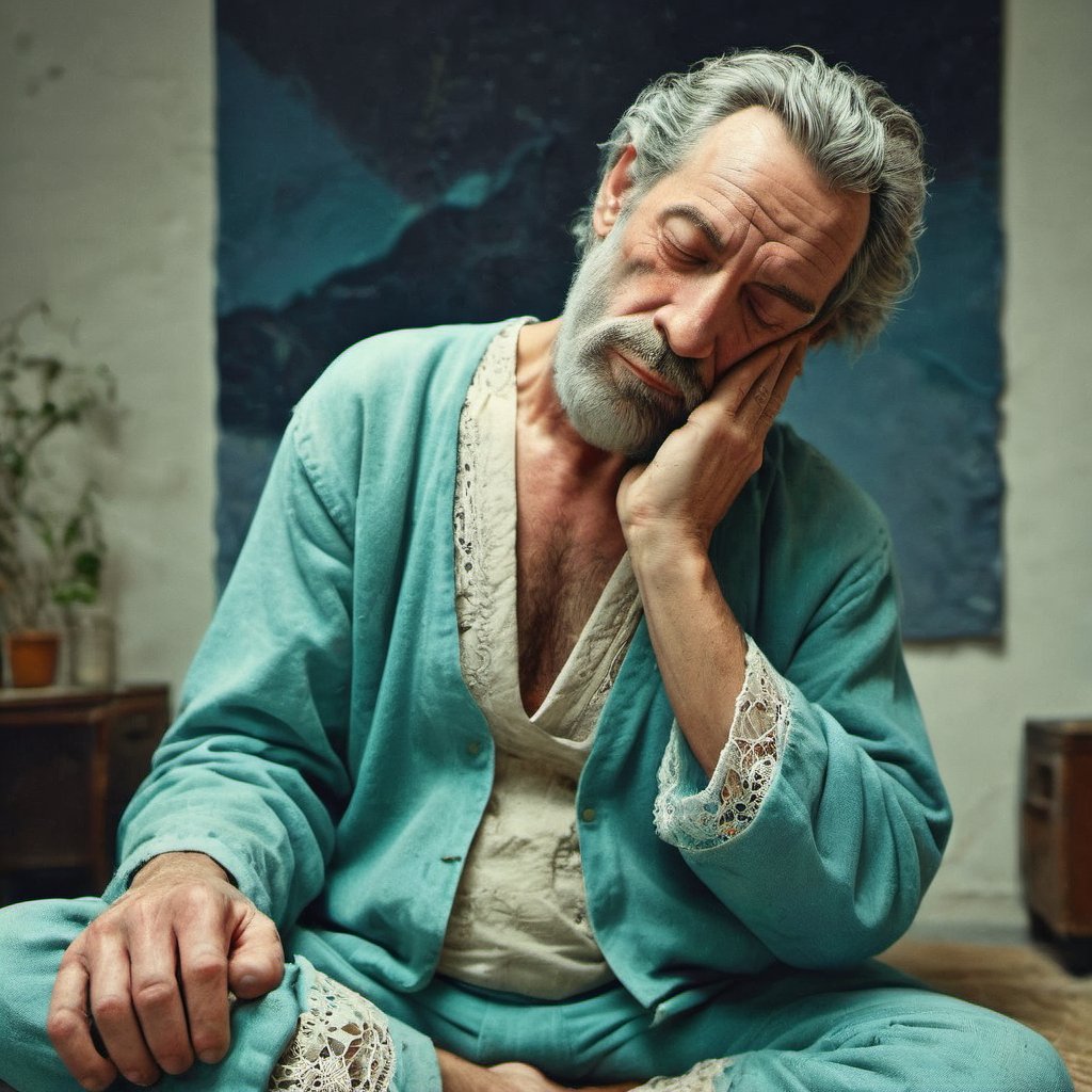 (art by Jan Urschel:0.8) ,art by Michael Creese, masterwork Raw digital photo, Guilty, buff (epic portrait of homer:1.3) , wearing Captivating Australian Straw Teal Lace top and high-waisted pants, sleeping pose, Gray hair styled as Space buns, simple background, summer lava pit, at Twilight, FOV 90 degrees, Masterpiece, Confused, Dreamcore, Ethereal Lighting, halation, <lora:dalle-000007:0.79>