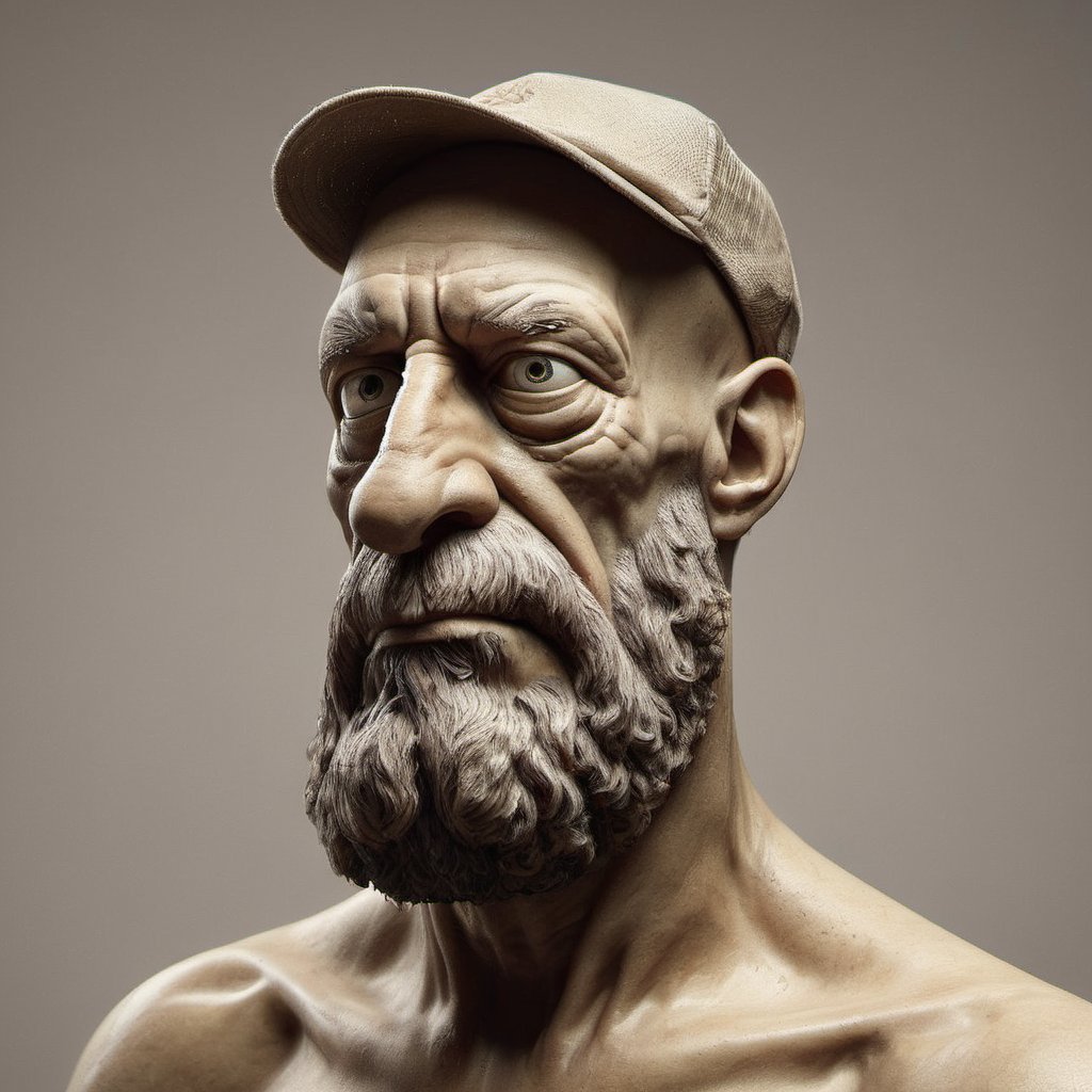 Abstract, stocky epic portrait of homer, Standing, Natural Trucker hat, near Pagoda, Realistic, Relaxed, Gloomcore, 80mm, 64K, art by Eugène Giraud, <lora:dalle-000007:0.79>