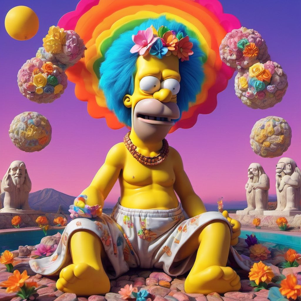 (art by Slade Roberts:1.2) , high angle shot of a (epic portrait of homer:1.2) , Salesperson, wearing Australian Shorts, Rainbow hair, Oppressive Buzz cut with a fade hairstyle, Bronze Flower Crown, from inside of The Temple of Zeus, at Twilight, Overdetailed art, Flustered, Vaporpunk, Candle light, icon style, <lora:dalle-000007:0.79>