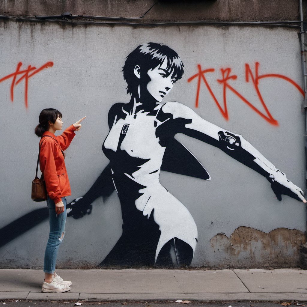 ultra highly intricate detailed 8k, UHD, professional photo, wall Graffiti, masterpiece, (world's most beautiful woman ayanami rei in evangelion:1.2) , Pointing at you, Smoky Conditions, film grain, Kodak gold 200, Low shutter, Calotype, street fashion model, cyberpunk 2077, new york street, natural light<lora:add-detail-xl:1> <lora:dalle-000007:0.79>