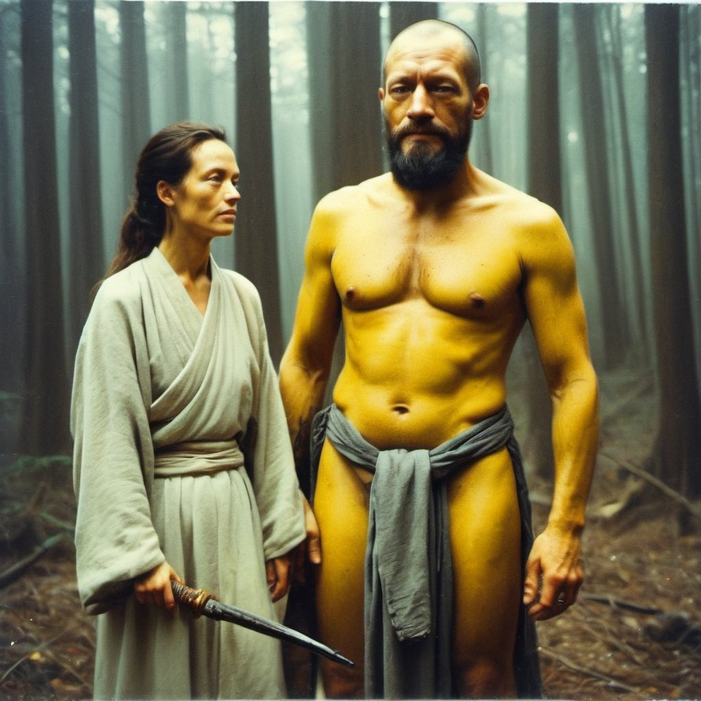 Oil painting, Yellow woods, epic portrait of homer and Gabrielle Anwar, Yuan Dynasty Cuckoo Tattoo, horizon-centered, monotype, Gray lighting, 800mm lens, Agfacolor, <lora:dalle-000007:0.79>