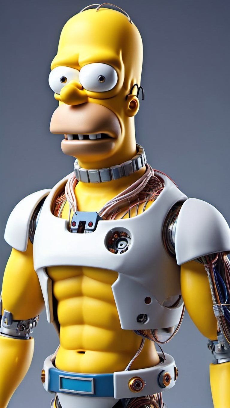 a photo of Homer Simpson with blonde Super Saiyan hair), looking over shoulder, (porcelain cybernetic mechanical wires:1.3), laser eyes, (mechanical vertebra and back, wires and cables:1.5), mechanical body, cyborg mecha, Futuristic, highly detailed<lora:add-detail-xl:1>  <lora:dalle-000007:0.79>  