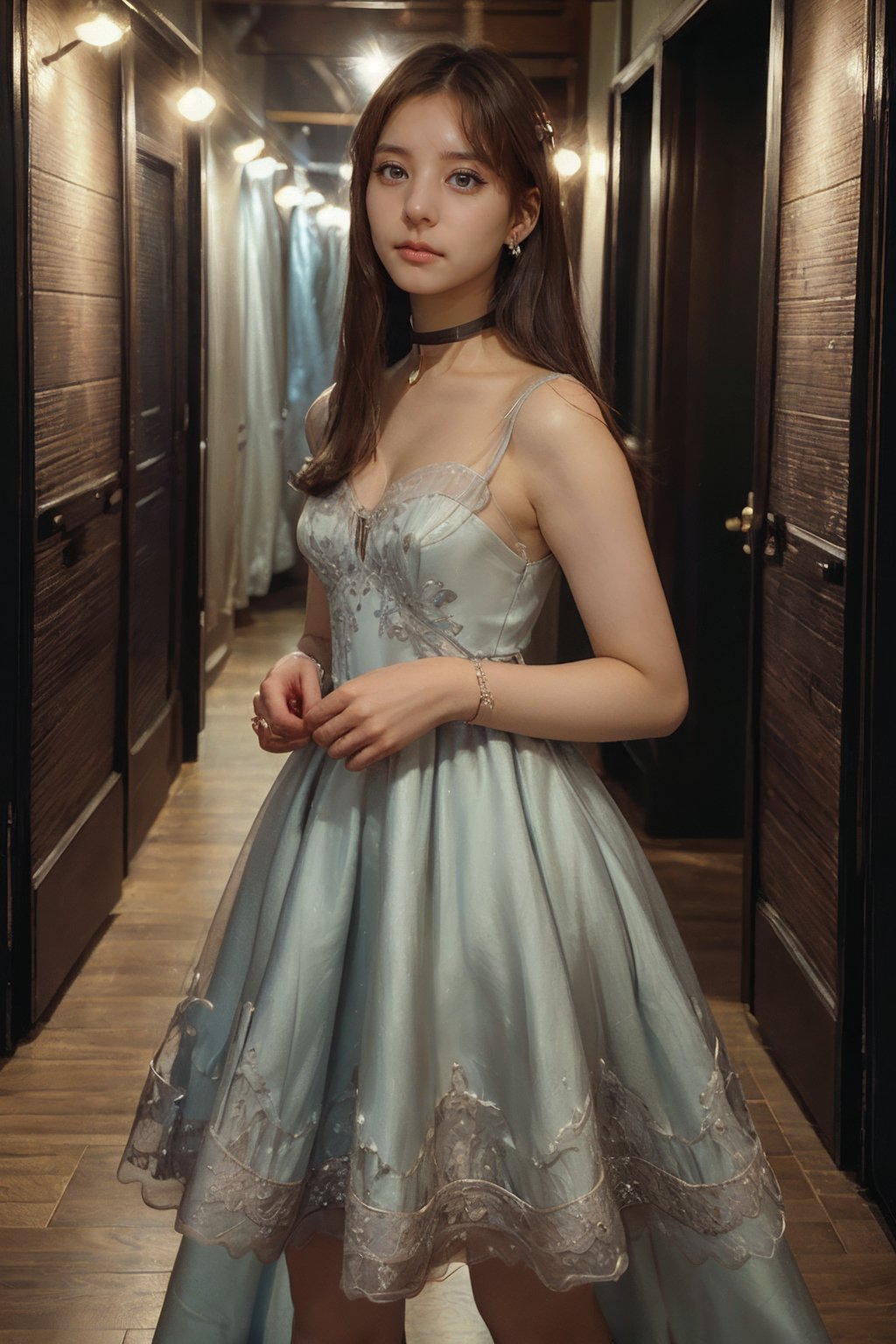 (photorealistic,ultra realistic 8k CG:1.2),perfect artwork,delicate pattern,masterpiece,raw photo (best quality,intricate detail,extremely intricate:1.2),Strong lighting, light and shadow texture (ulzzang6500V),(idol),choker,earrings,Exquisite Makeup,pose<lora:BetterStandingSlit:0.8>BFP <lora:011:1>,woman, girly ,bright eyes,small breasts (long hair,straight on,medium shot,cowboy shot,long view,pov legs:1.2) <lora:ballgown:0.8>(ballgown,wearing a ballgown:1.3),,<lora:yuk0-04:1> ,<lora:users_LORA_614422834634253146_yuzu2:0.6>