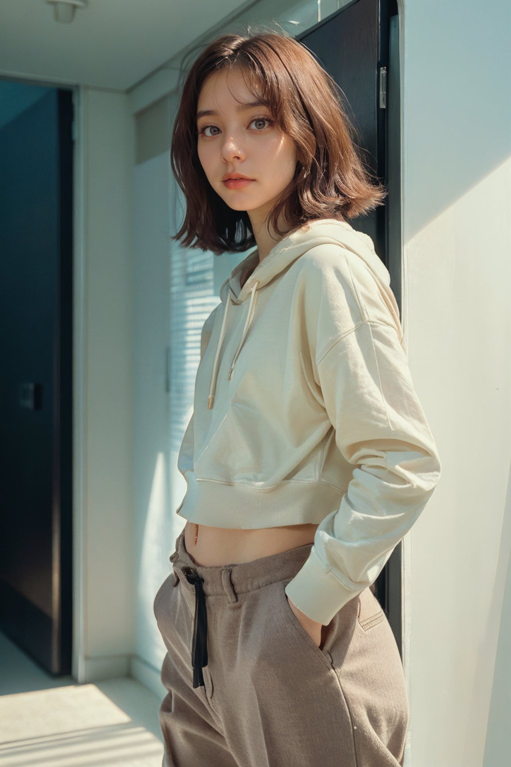 (Cute Loose Bob hair), (wearing a cropped hoodie, capri sweatpants:1. 5), (hands in pockets:1. 5), (red lips:1. 3), (small breasts:1. 3), (toned stomach:1. 3), (eyelashes:1. 2), (aegyo sal:1. 2), beautiful detailed eyes, symmetrical eyes, (detailed face), dramatic lighting, (photorealism:1. 5), (photorealistic:1. 4), (8k, RAW photo, masterpiece), High detail RAW color photo, professional photo, realistic, (highest quality), (best shadow), (best illustration), ultra high resolution, highly detailed CG unified 8K wallpapers, physics-based rendering, photo, realistic, realism, high contrast, hyperrealism, photography, f1. 6 lens, rich colors, hyper-realistic lifelike texture, cinestill 800,,<lora:yuk0-04:1> ,<lora:users_LORA_614422834634253146_yuzu2:0.6>