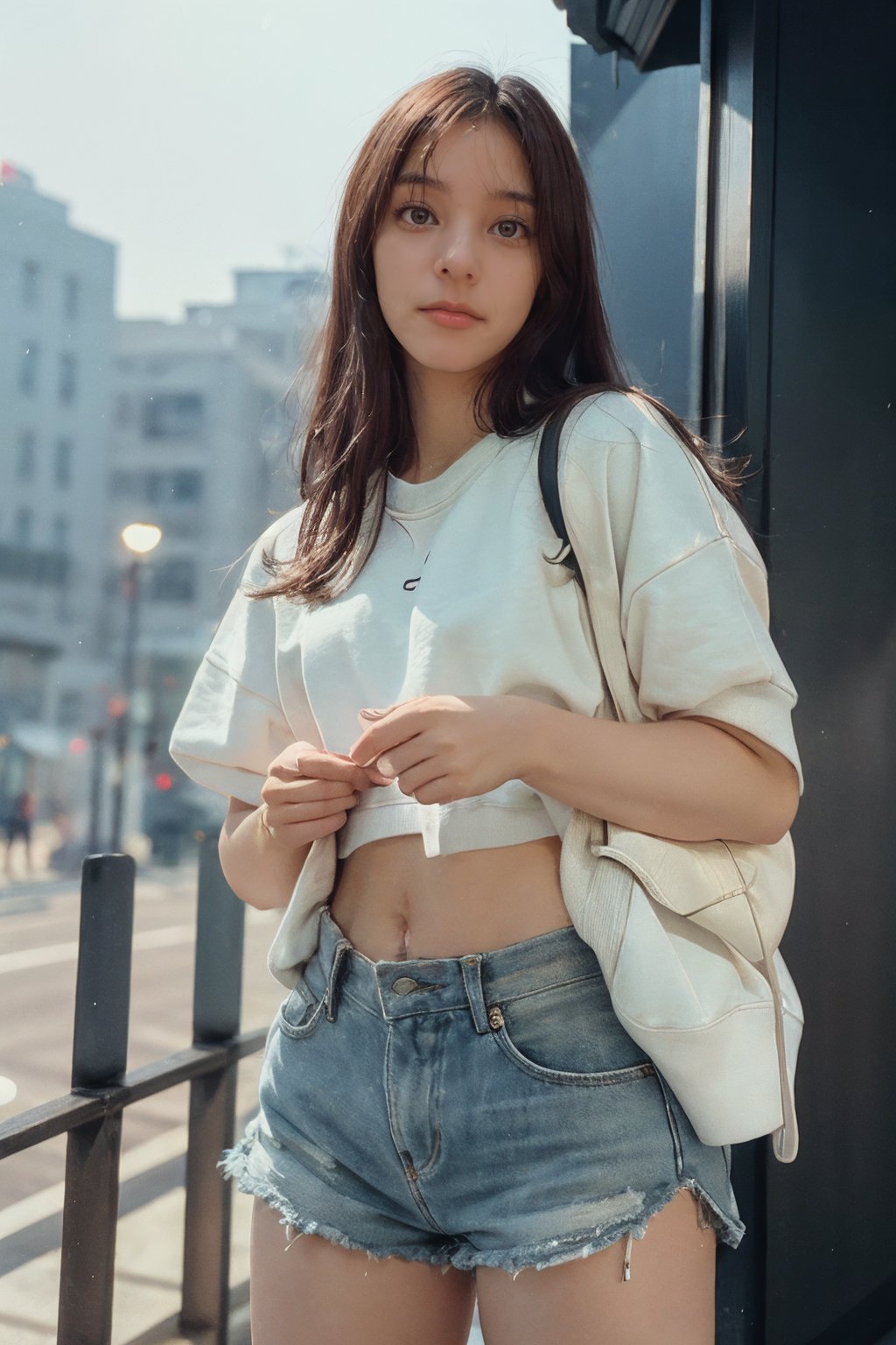 closeup photo of bul4n, masterpiece, best quality, photorealistic, sweatshirt and short shorts, midriff, atmospheric scene, intimate background, shot with Nikon D5, Sigma 100mm F/1.8, detailed face, detailed eyes,<lora:yuk0-04:1> ,<lora:users_LORA_614422834634253146_yuzu2:0.6>