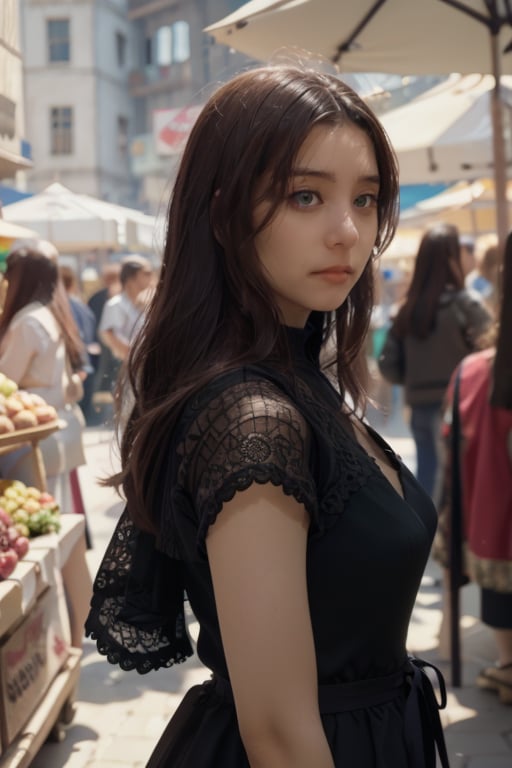 cinematic photo A pretty girl in a crowded medieval market, market vendors, upper body, detailed clothes, green eyes, long flowing hair, shiny skin, subsurface scattering, (sharp:0. 7), ultra-detailed, real-life texture, dramatic lighting, dynamic composition, unreal engine, Nikon D850 ,<lora:yuk0-07:0.8> . 35mm photograph, film, bokeh, professional, 4k, highly detailed,<lora:users_LORA_614422834634253146_yuzu2:0.6>