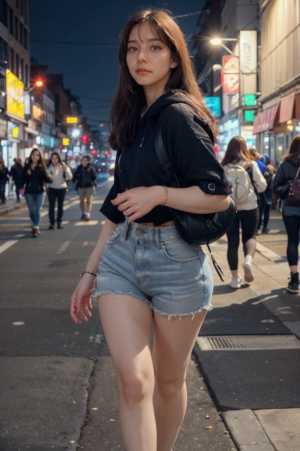 Studio photo of a woman wearing a black hoodie and sexy black jeans shorts with a backpack, curvy body, long blonde hair, walking in the street, city lights, soothing tones, intricate elegant, detailed, photometric lighting, symmetric light, best quality, ultra high-res, 8k,<lora:yuk0-04:1> ,<lora:users_LORA_614422834634253146_yuzu2:0.6>
