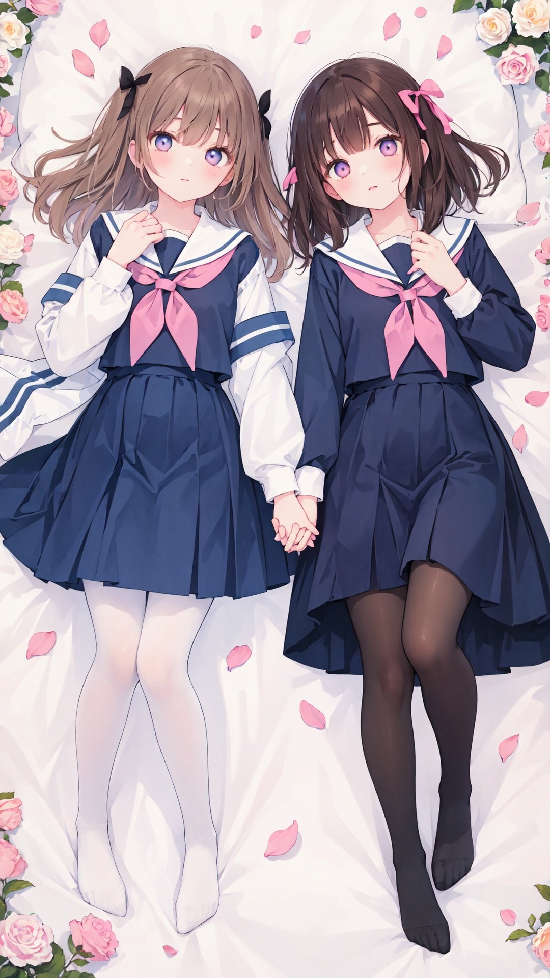 multiple_girls,2girls,lying,brown_hair,dress,holding_hands,pantyhose,long_hair,hair_ribbon,ribbon,neckerchief,on_back,school_uniform,interlocked_fingers,flower,long_sleeves,petals,