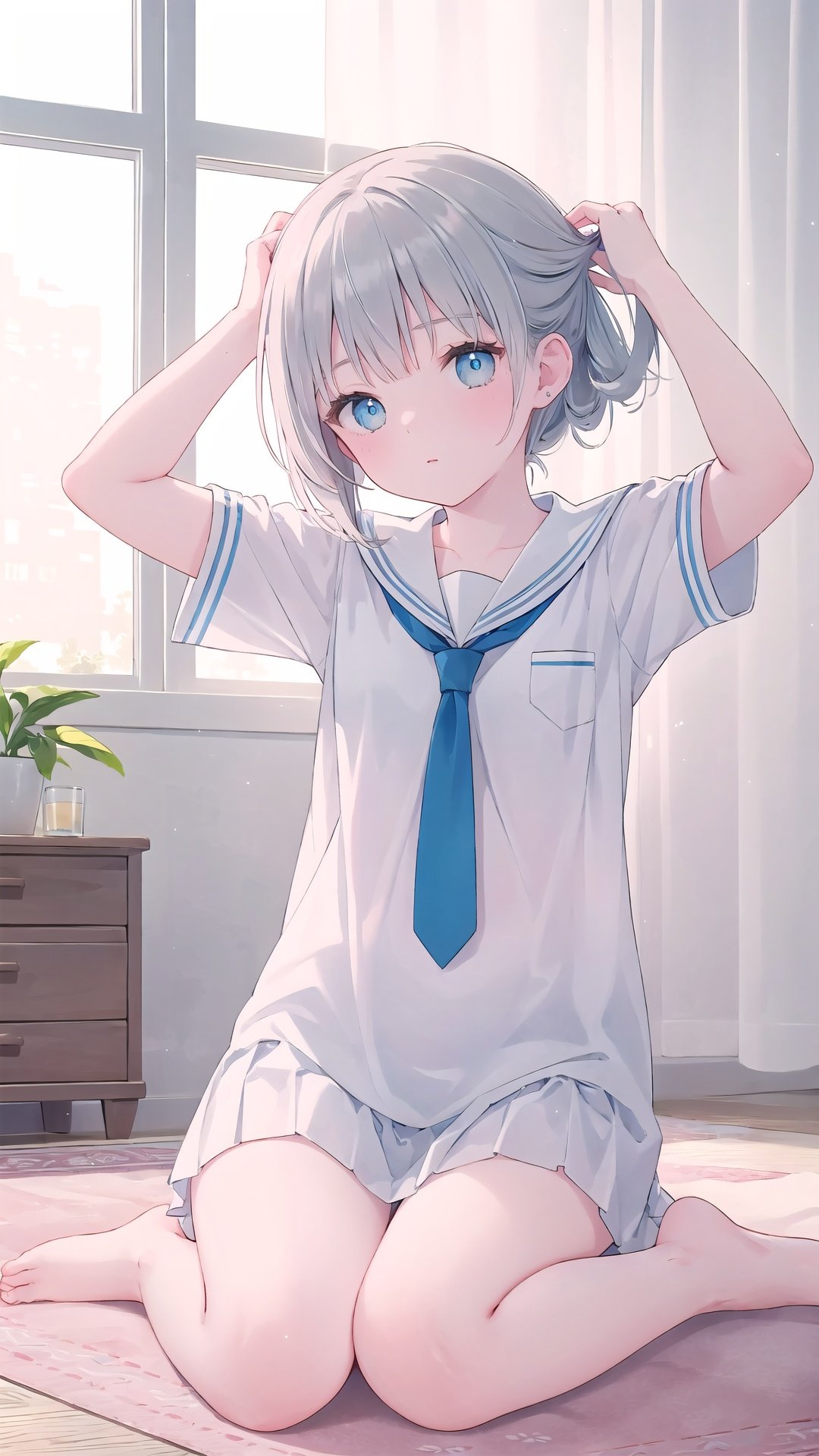 finely detail,Depth of field,(((masterpiece))),((extremely detailed CG unity 8k wallpaper)),best quality,high resolution illustration,Amazing,intricate detail,(best illumination, best shadow, an extremely delicate and beautiful),dramatic angle,
hdr,1girl,young,long_hair,silver_hair,serafuku,white_shirt,arms_up,small_breasts,short_sleeves,solo,hands in hair,Sitting on the carpet,necktie,bare legs,barefoot,clavicle,
noon,Modernist style architecture,window,White curtains,bedroom,white carpet,ipad,sole