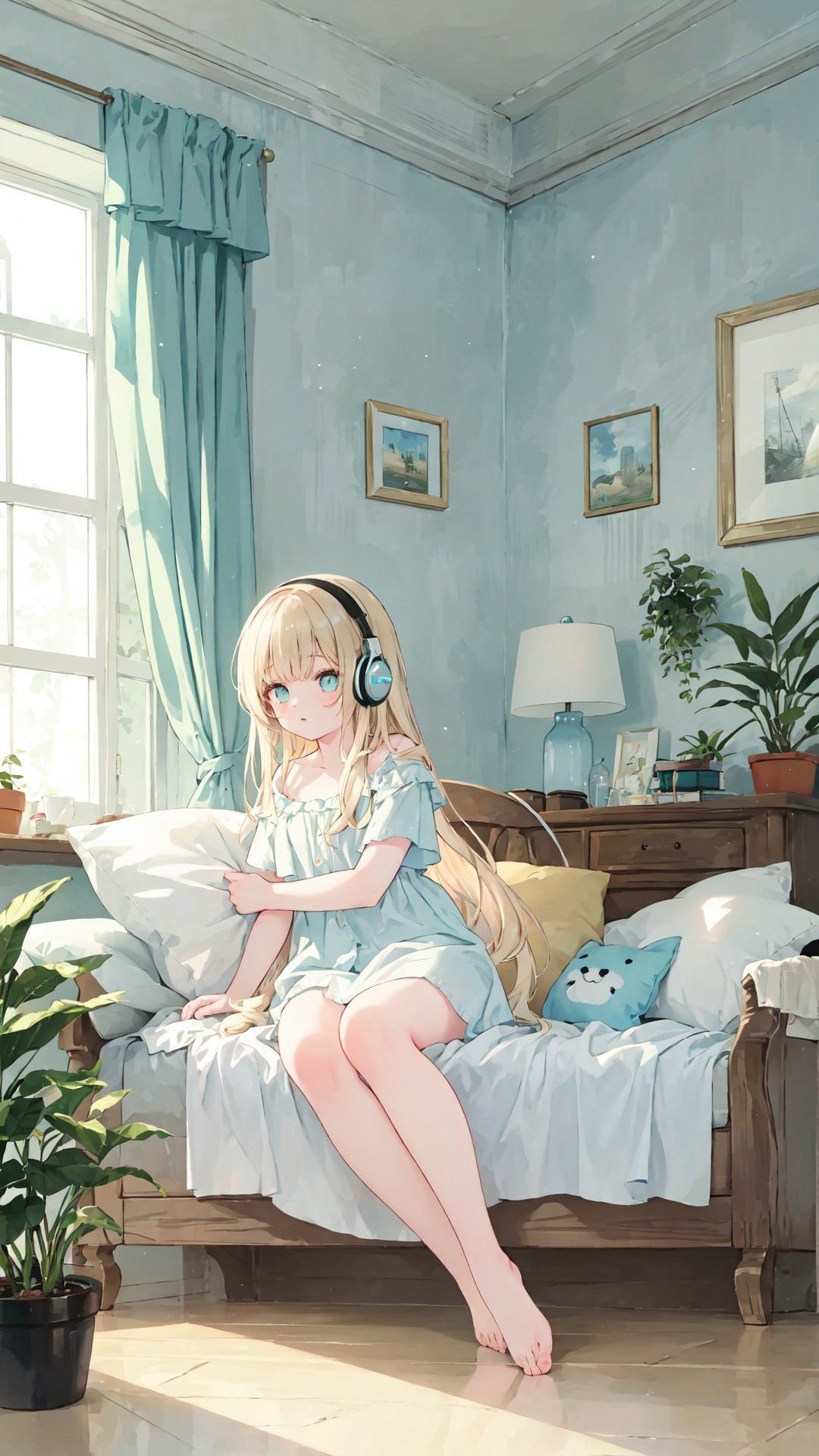 extremely delicate and beautiful, depth of field, amazing, masterpiece, growth, visual impact, ultra-detailed, 1girl, long_hair,Modernist style architecture, window, book, pillow, barefoot, solo, plant, very_long_hair, indoors, potted_plant, headphones, cup, gorgeous, fantasism, nature, refined rendering, original, contour deepening, high-key and low-variance brightness scale, soft light, light and dark interlaced