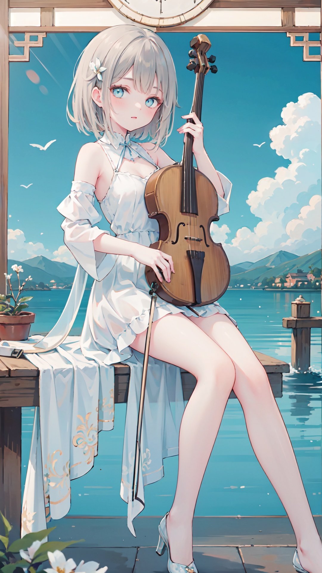 1girl, solo, long hair, violin, instrument, black eyes, dress, white dress, white hair, looking at viewer, light particles, closed mouth, indoors, jewelry, sleeveless, bare shoulders, bangs, head tilt, black rose, beautiful detailed eyes, detailed background, amanhecer, cloud, flower, sky, scenery, day, grass, outdoors, blue_sky, field, cloudy_sky, horizon, hydrangea, water, ocean, mountain, blue_flower, flower_field, bird, The black bow on the head,qingsha,plyaing violin,harp,sole,foot focus,violin