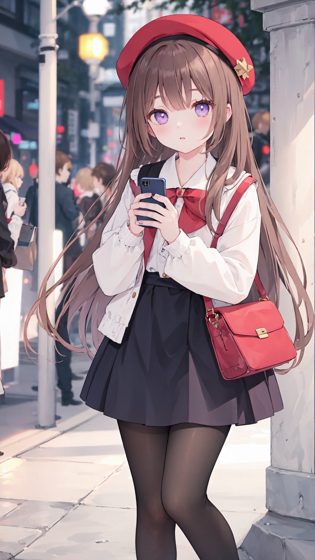 phone,cellphone,1girl,smartphone,holding_phone,hat,blurry,pantyhose,depth_of_field,holding,beret,solo,long_hair,red_headwear,brown_hair,bow,blurry_background,purple_eyes,black_legwear,
