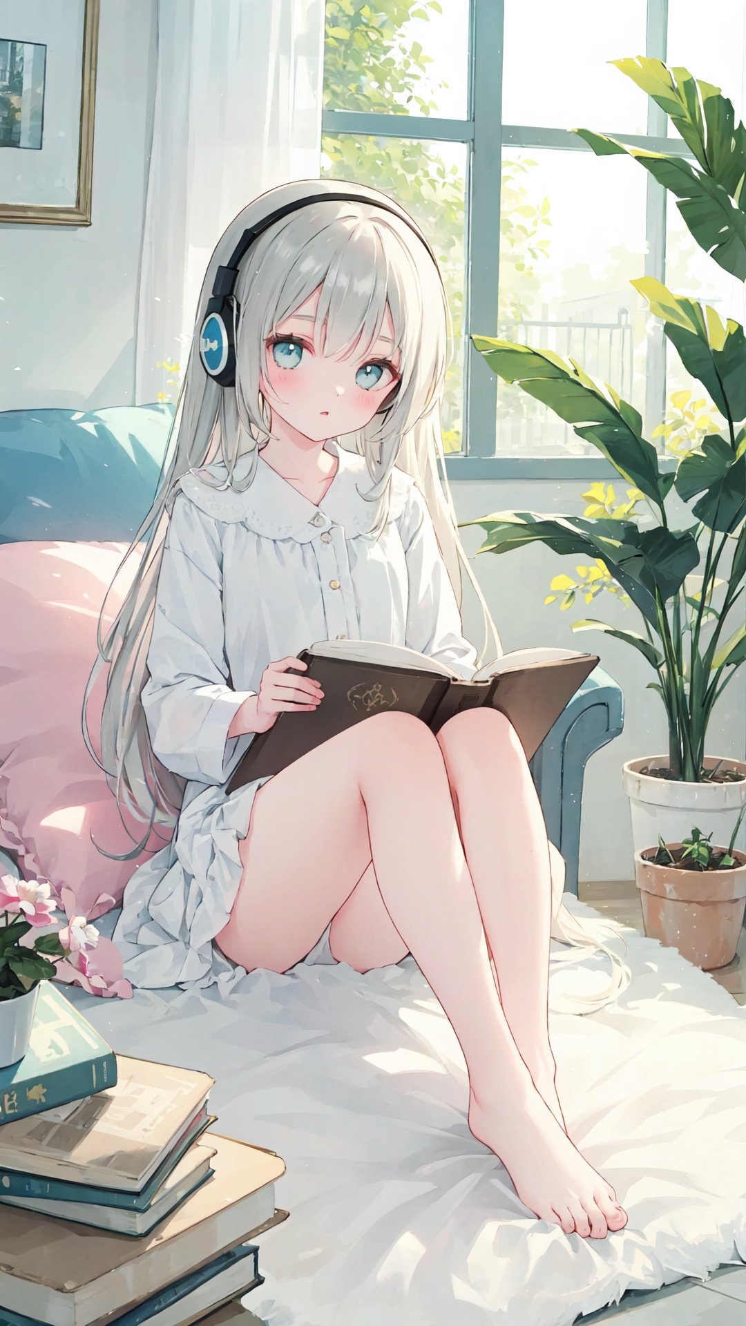 extremely delicate and beautiful, depth of field, amazing, masterpiece, growth, visual impact, ultra-detailed, 1girl, long_hair,Modernist style architecture, window, book, pillow, barefoot, solo, plant, very_long_hair, indoors, potted_plant, headphones, cup, gorgeous, fantasism, nature, refined rendering, original, contour deepening, high-key and low-variance brightness scale, soft light, light and dark interlaced