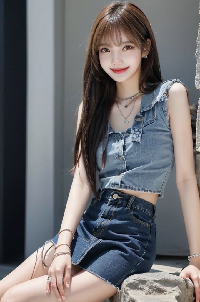 lisa, 1girl, solo, denim, skirt, jewelry, brown hair, denim skirt, necklace, earrings, long hair, blue skirt, smile, realistic, bracelet, bangs, looking to the side