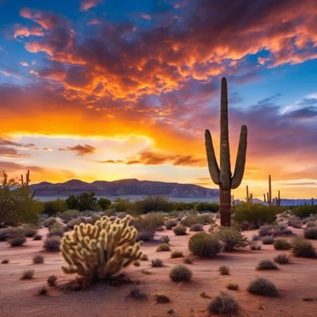 cinematic still,  an epic sunset, street view of a desert, nature,  vibrant, realistic, professional photograph, 8k,  scenery,  <lora:HDRv1:1>